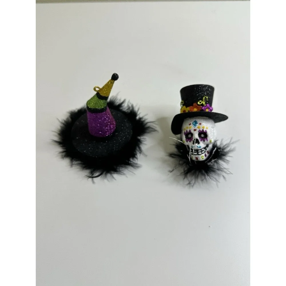 Pier 1 Halloween Ornament Day of Dead Top Hat Witch Hat Glitter Hanging Set 2